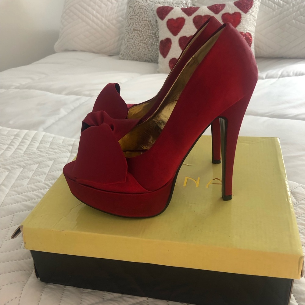 Red satin pumps. Just in time for Valentines Day!
